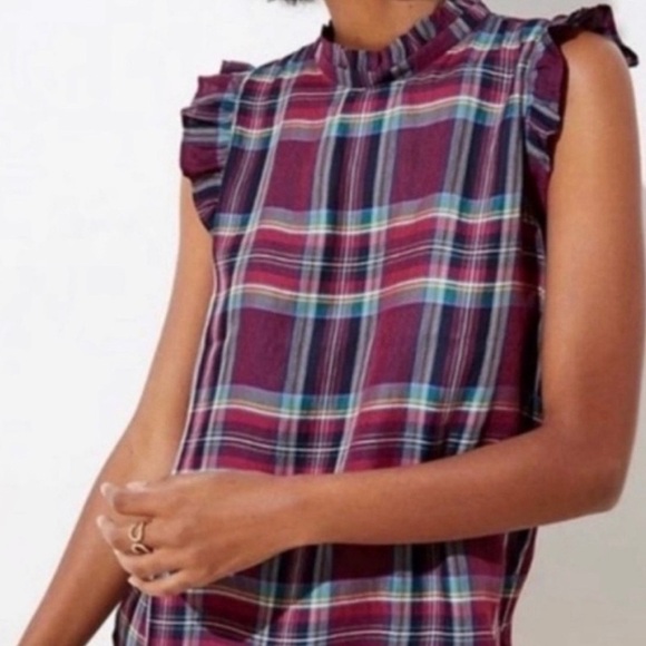 LOFT Navy and White Plaid Ruffle Sleeve Top - Picture 3 of 7